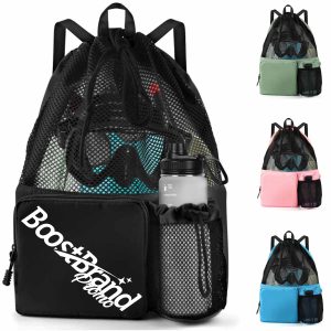 Large Mesh Drawstring Backpack With Zipper Pocket & Bottle Holder