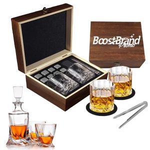Premium Glass Whiskey Decanter Set With Stones & Wood Box