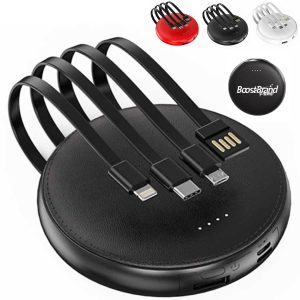 Round Portable Power Bank with Built-in Cables