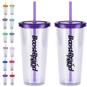 24Oz. Custom Clear Plastic Tumblers with Straws & Lids
