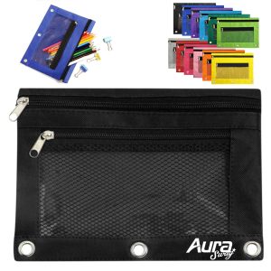 Three Ring Pencil Pouch With Zipper And Mesh Pocket