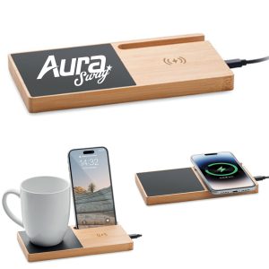 Bamboo Wireless Charger with Mug Warmer and Phone Stand
