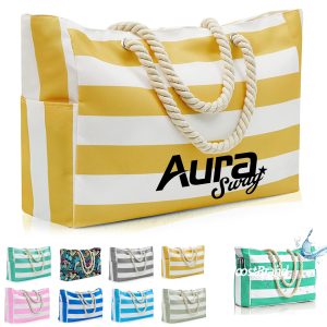 Striped Canvas Beach Tote Bag with Rope Handles