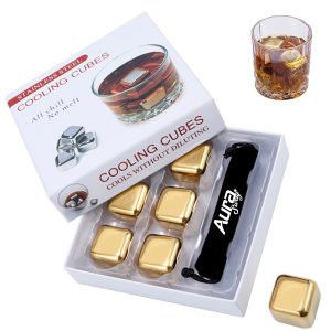 Gold-Plated Steel Cooling Cubes Set with Tongs in Gift Box