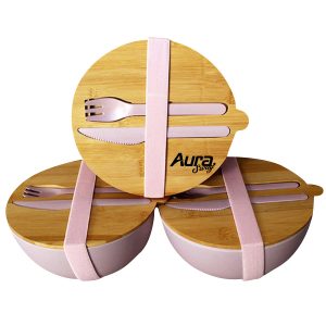 Bamboo Fiber Salad Bowl with Lid and Cutlery Set