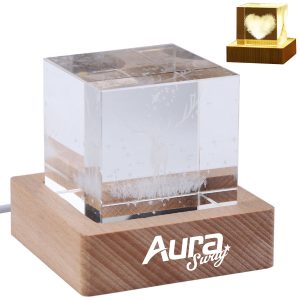 3D Crystal Cube Light with Wooden Base