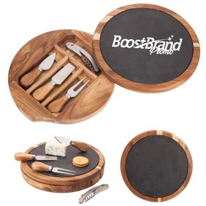 4-Piece Normandy Swivel Base Wood Cheese Wine Board Set