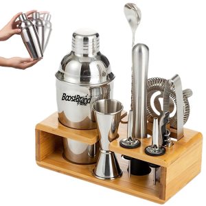 25oz. Stainless Steel Cocktail Shaker Set with Bamboo Stand