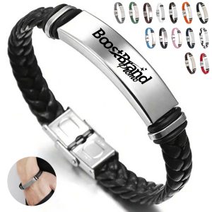 Custom Laser Engraving Braided Leather Bracelet Wristband