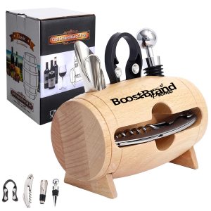 Wooden Barrel Wine Accessory Set with Corkscrew