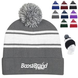 Striped Pom-Pom Knit Beanie with Fold-Up Cuff