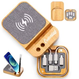 Bamboo Wireless Charging Phone Stand with Pen Holder