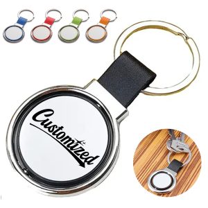 Round Metal Keychain with Leather Strap