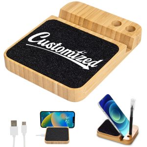 Bamboo Wireless Charger Stand with Pen Holder Mobile Stand