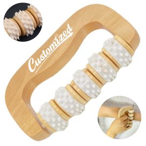 Wooden Handheld Roller Massager with Textured Wheels