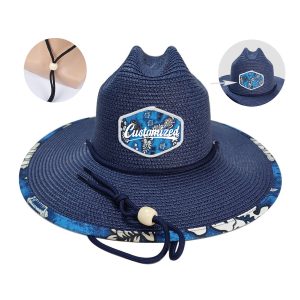 Wide Brim Straw Sun Hat W/ Printed Underbrim and Chin Cord