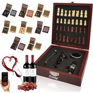 Wooden Chess and Wine Tool Gift Set with Game Board Lid