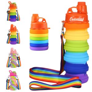 12oz  Collapsible Silicone Bottle with Rainbow Strap