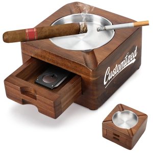 Wooden Cigar Ashtray with Drawer and Removable Tray