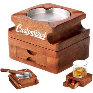 Detachable Wood Cigar Ashtray w/ Whiskey Glass Holder Drawer