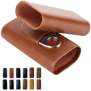 Portable Premium Leather Travel Cigar Case with Cutter