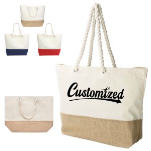 Canvas Jute Beach Grocery Tote Bag with Rope Handles