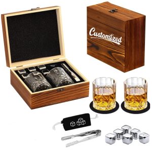 Whiskey Stones & Glasses Gift Set with Wood Box