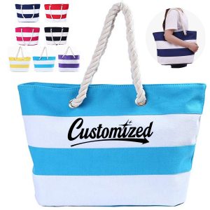 Striped Canvas Beach Tote Bag with Rope Handles
