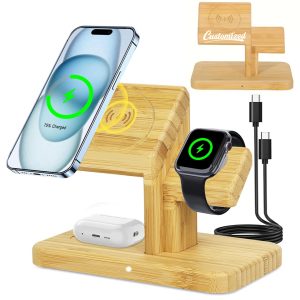 Bamboo Wireless Charging Stand for Phone Watch and Earbuds