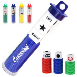 LCR Dice Game Set with Color Chips in Clear Storage Tube