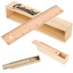 Wooden Ruler Pencil Box with 12 Colored Pencils