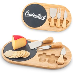 Bamboo Cheese Board Set W/ Slate Plate and 3 Cheese Knives