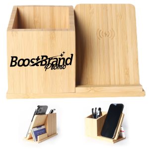 Eco Bamboo Desk Organizer w/ Wireless Charger & Phone Stand