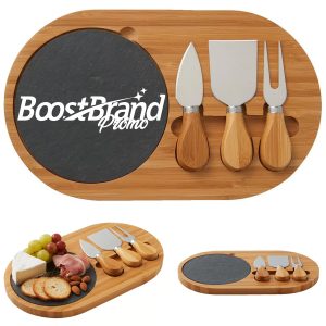 Bamboo Cheese Board Set w/ Slate Plate and Three Knife Tools