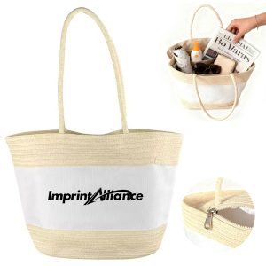 Eco Straw Beach Tote Bag with Cotton Panel and Long Handle