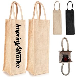 Jute Single Bottle Wine Tote Bag with Carry Handles