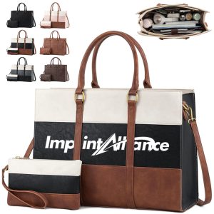 PU Leather Color Block Tote Bag Set with Matching Pouch