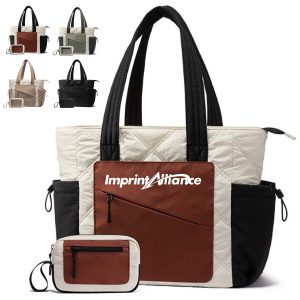 Nylon Color Block Tote Bag Set with Pouch for Everyday Use