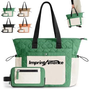 Two Tone Nylon Multi Pocket Tote Bag with Detachable Pouch