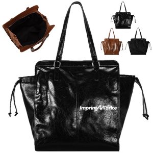 Large Capacity PU Leather Tote Bag with Drawstring Sides