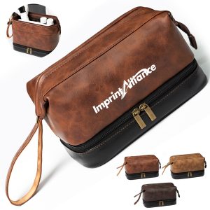 Double Layer PU Leather Toiletry Bag with Handle