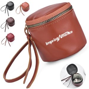 PU Leather Round Zipper Pouch with Wrist Strap