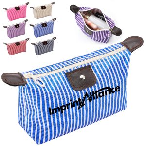 Patterned Nylon Dumpling Cosmetic Pouch W/ Leatherette Trim