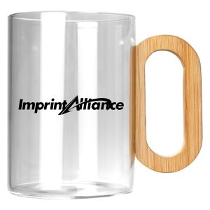 15 oz. Clear Glass Mug with Bamboo Handle and Logo
