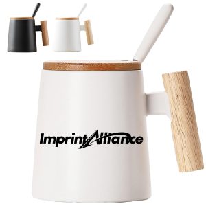 14 oz. Ceramic Mug with Wooden Handle, Lid and Spoon