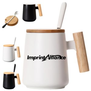 14 oz. Ceramic Mug with Wooden Handle, Lid and Spoon