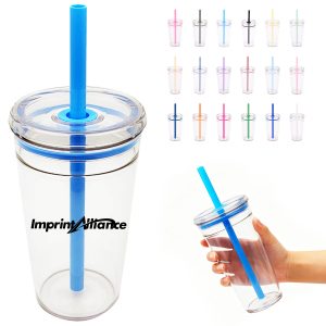 15 oz. Clear Plastic Tumbler w/ Color Straw and Custom Logo
