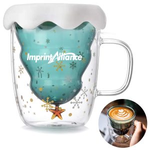 10oz. Double Wall Glass Mug w/ Christmas Tree Design and Lid