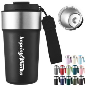 17oz. Stainless Steel Coffee Tumbler w/ Strap Lid and Straw