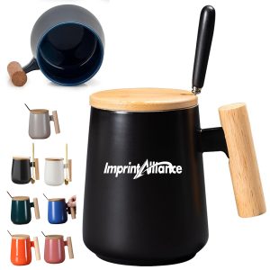 15 oz. Ceramic Coffee Mug with Bamboo Lid and Wood Handle